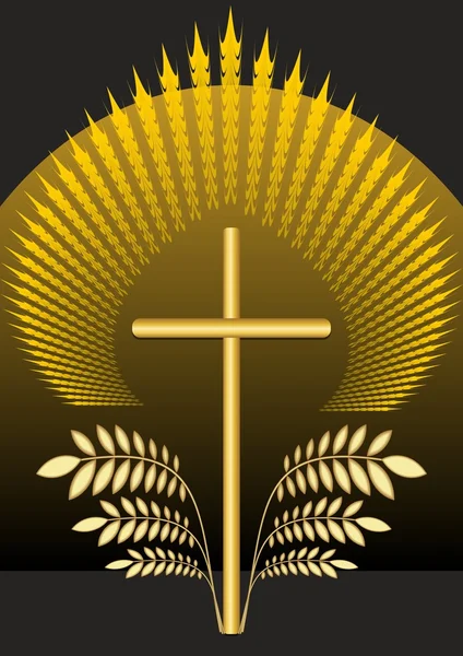 Funereal christian decoration. Burial decoration with golden crucifix and palm leaves. Golden rays and glow over the cross. Funereal motif on black background. — Stock Vector