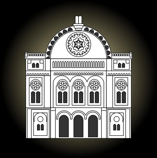 Sinagoga, desenho preto e branco. Fachada da sinagoga na vista frontal. Religião judaica construção de sinagoga antiga . — Vetor de Stock