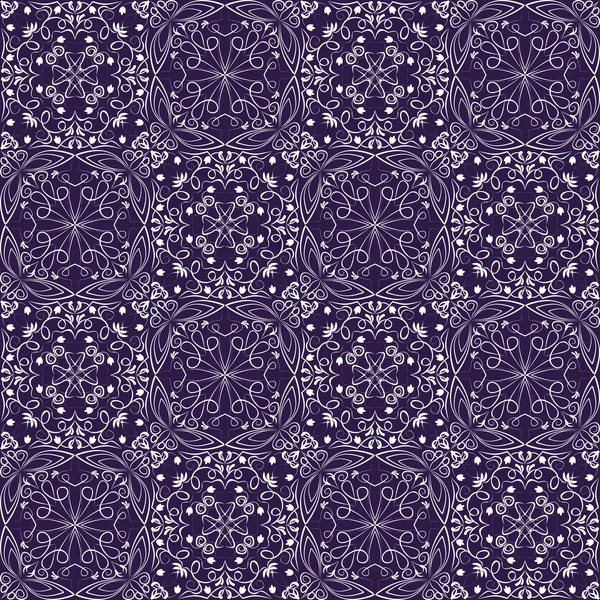 Дрібний східний з білим філігранним каліграфічним орнаментом на глибокому фіолетовому фоні, векторні симетричні геометричні візерунки — стоковий вектор