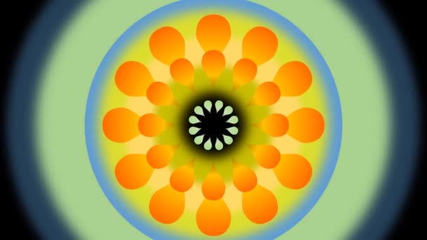 Movie of abstract dancing flower with blurry circle. Yellow and orange fantasy rotating flower shape on black background. — Stock Video