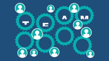 Takım çalışması animasyonlu illüstrasyon. Dönen dişliler, insan simgeleri, parmak hareketi başparmak yukarı, koyu mavi arka plan üzerinde yeşil ve beyaz öğeler. Sorunsuz döngü video animasyonu.