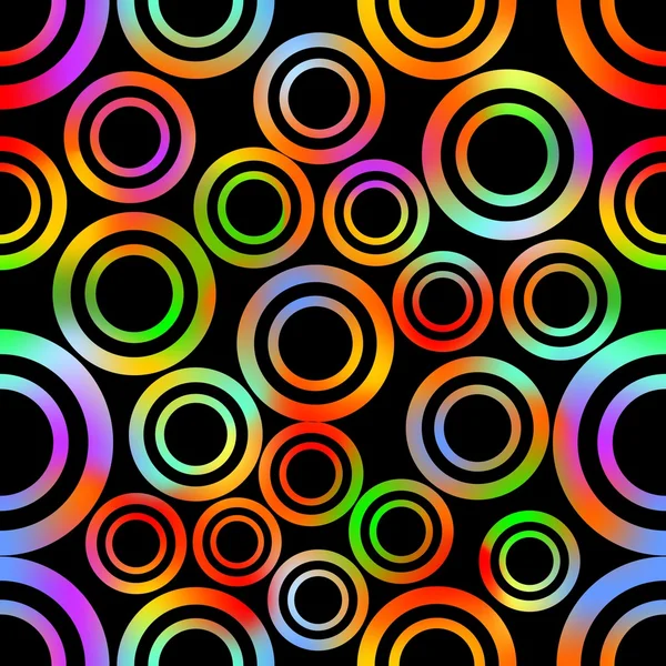 Seamless background with abstract concentric circle shapes in vivid rainbow colors, high contrasting ornament on black background. Decoration for textile, paper print — Stock Vector