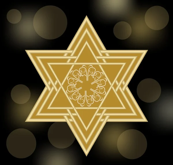 David estrela em design de ouro. Estrela de David em fundo bokeh preto com luzes suaves. Decoração abstrata com símbolo judaico . — Vetor de Stock