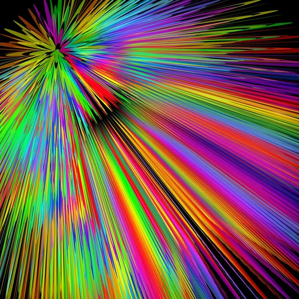 Rainbow explosion, abstract multicolored vector background in vivid spectrum colors, disco laser show decoration with wild colored rays, background for placard, bill, invitation, — Stock Vector