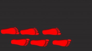 İnsan adımları halı üzerinde sağ ve sarı insan ayak izleri ters yönde, Alfa mat dahil kırmızı insan ayak izleri üzerinden soldan