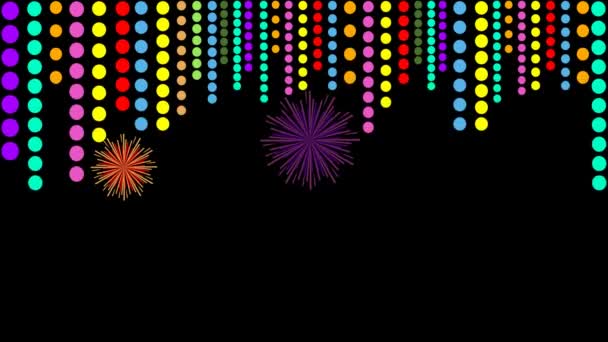 Carnival video, movie with animated inscription, colorful pyrotechnics and confetti. Banner for carnival party, colorful fireworks elements on black background, animated illustration — Stock Video