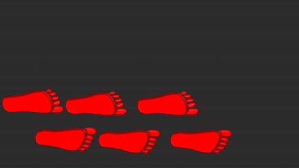 İnsan adımları halı üzerinde sağ ve sarı insan ayak izleri ters yönde, Alfa mat dahil kırmızı insan ayak izleri üzerinden soldan — Stok video