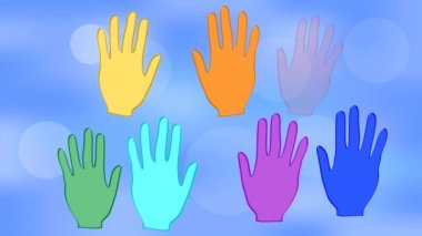 Gökkuşağı renkleri mavi bokeh arka plan üzerinde el sallayarak. Avuç içi beyaz kalpler. Animasyon barış temalı. 