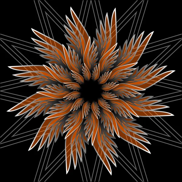 Fantasie bloem vorm met 3D-effect. Oranje stervorm op zwarte achtergrond. Vector in fractal stijl. — Stockvector