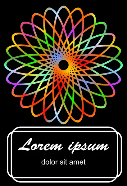 Logotipo con forma de flor abstracta arco iris círculo. Marco para mensaje propio. Elementos sobre fondo negro. Plantilla vectorial . — Vector de stock