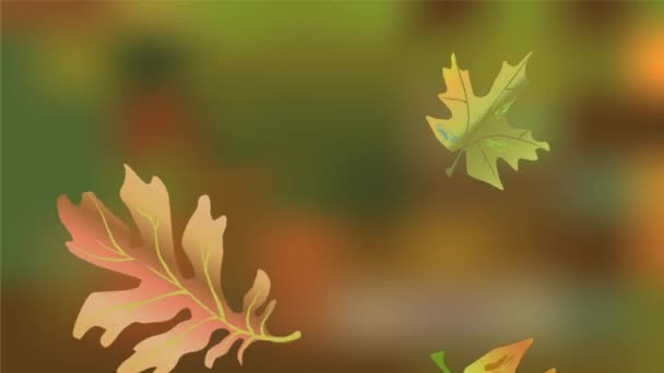 Moody video autunnale, foglie cadenti di acero e quercia su sfondo verde sfocato. Colori autunnali vibranti, ombre, sereno movimento lento — Video Stock