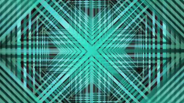 緑の幾何学的なパターン、回転、重複、万華鏡のような装飾、アニメーション、装飾的な映画は、星、三角形要素を作成するビームを抽象化します。 — ストック動画