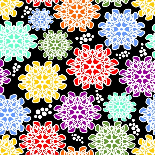 Vector floral sin costuras en colores alegres sobre fondo negro contrastante, contorno blanco — Vector de stock