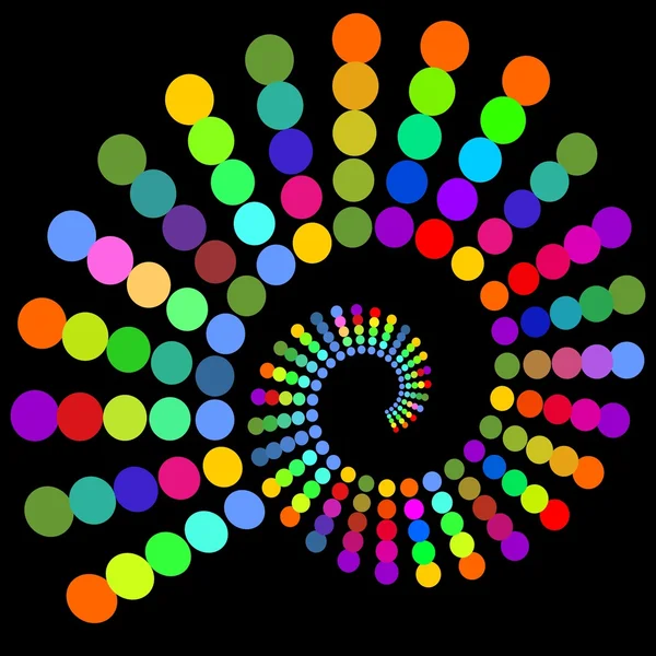 Rainbow spiral composed of dots. Colorful spiral on contrasting black background. Multicolored spiral design element. Psychedelic vivid graphic swirl. — Stock Vector