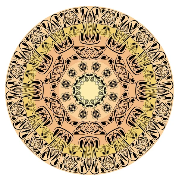 Mandala of life harmony. Fine patterned circle mandala with black patterns on beige and yellow background. Image for spiritual meditation. — Stock Vector