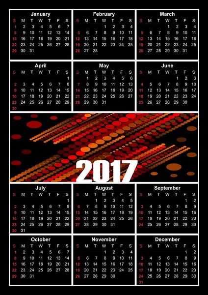 Calendário 2017, letras brancas sobre fundo preto, padrões abstratos decorativos no meio — Vetor de Stock