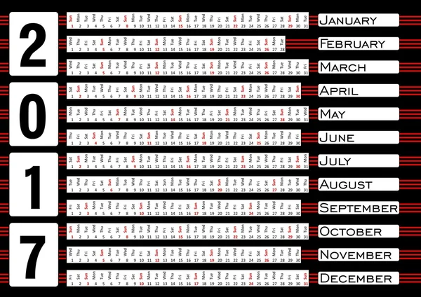Calendário 2017, calendário incomum em tiras horizontais, fundo abstrato preto — Vetor de Stock