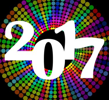 Mutlu yeni yıl billboard 2017 renkli gökkuşağı daire şekilleriyle birlikte. Yeni yıl hoş geldin partisi için EPS 10 vektör tasarım şablonu