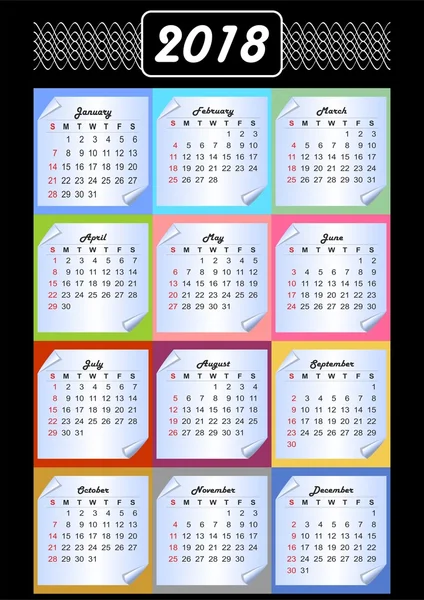 Calendario 2018, calendario en bloques de memoria, fondo multicolor, patrones vintage en contorno blanco, papel con esquina enrollada — Archivo Imágenes Vectoriales