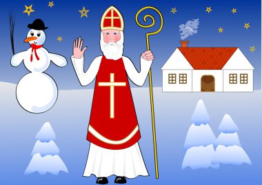 Saint Nicholas karlı gece manzarası, eski kır evi ve kardan adam arka plan üzerinde yürüyor