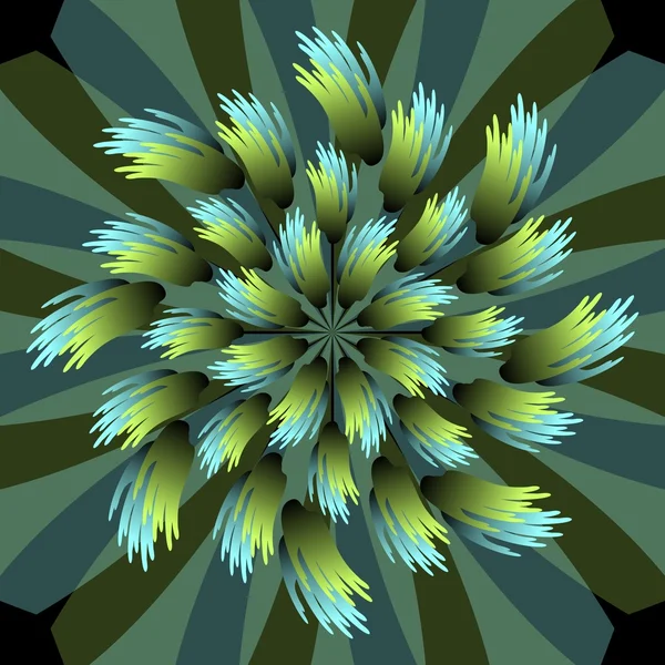 Flor 3d azul y verde en diseño metálico vibrante, ilustración vectorial en estilo fractal sobre fondo oscuro, forma abstracta decorativa — Vector de stock