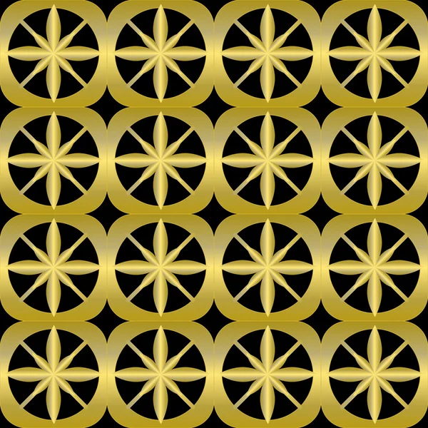 Luxurious background tile with golden 3d patterns on black background. Repeatable elegant geometric square shapes with rounded corners and cross shape inside — Stock Vector