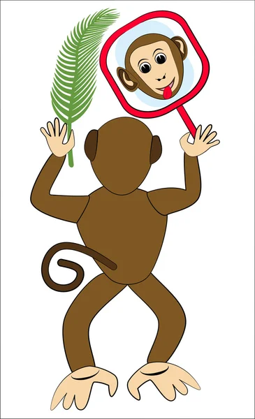Affe tobt mit Spiegel. Affengesicht im Spiegel. Affe mit einem Palmblatt. Affe von hinten. Lustige Affenillustration. Affenkinder. Vektoraffe isoliert. — Stockvektor