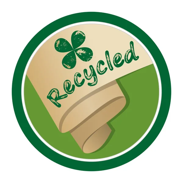 Emblem aus recyceltem Material, gerolltes altes vergilbtes Papier in Kreisform, Beschriftung recycelt und grünes Kleeblattmotiv mit abgesplitterter Lackstruktur. — Stockvektor