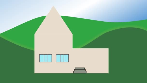 Budova domu. Animované konstrukci domu na venkově se stromem. Reklamní film pro budování nebo vývojář společnosti.