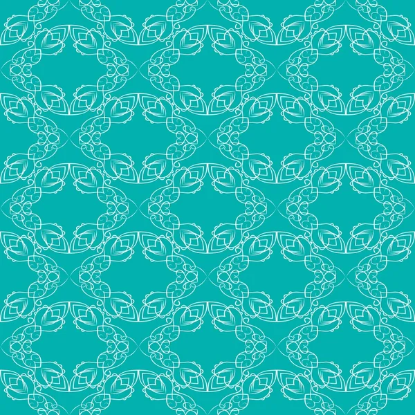 Vintage motifs brocart blanc fin sur fond vert tendance, fond sans couture avec des motifs victoriens rétro — Image vectorielle