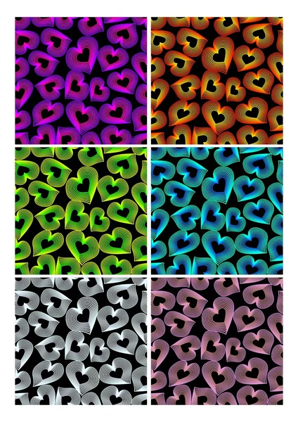 Set of seamless patterns with colorful heart shapes in outline design on dark background. Vector collection color samplers — Stock Vector