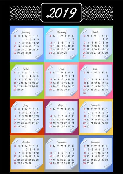 Calendario 2019, calendario en bloques de memoria, fondo multicolor, patrones vintage en contorno blanco, papel con esquina enrollada — Vector de stock