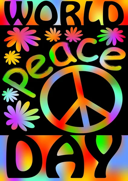 World Peace day with international symbol of peace, disarmament, anti-war movement. Grunge street art design in hippies rainbow colors, inscription not war. Vector image on radiating background. — Stock Vector