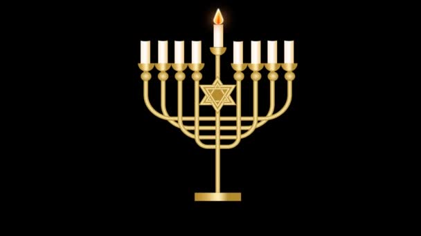 Hanukkah video  with luxury nine branched candle holder on black background, candle flames lighting up. Animated golden Hebrew text Hanukkah Sameach — Stock Video