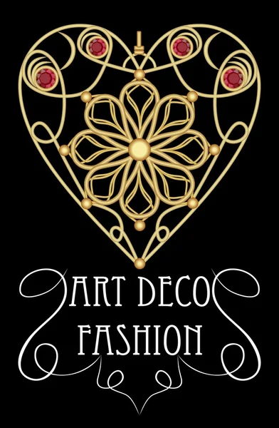 Guld filigran pärla i hjärta form med röda pärlor, ruby eller garnet. Vackert hänge i viktoriansk stil, art deco-mode, antika smycken — Stock vektor