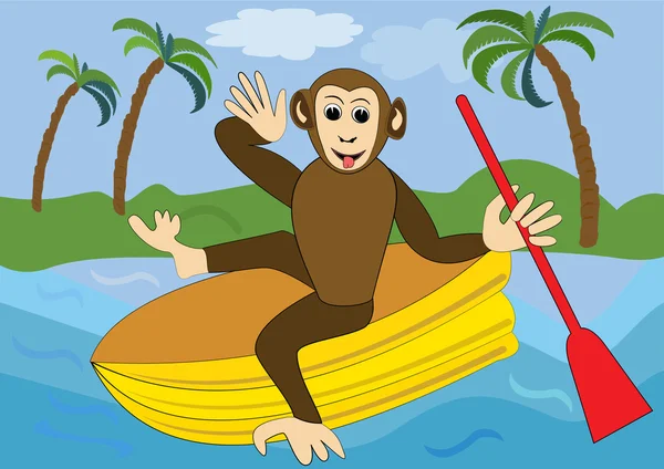 Lustiger Affe schwimmt auf gelbem Schlauchboot mit rotem Ruder. Illustration für Kinder, Animal Vector Cartoon Cliparts — Stockvektor
