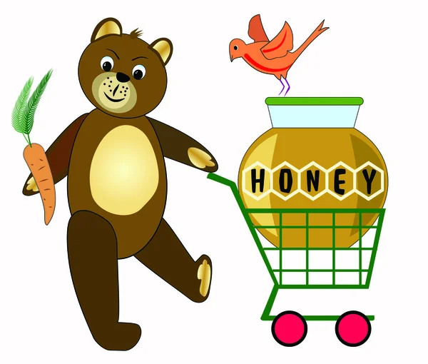 Nallebjörn att köpa honung. Nallebjörn med vagn. Teddy bear shopping. Nallebjörn med carotte. Nalle och orange fågel. — Stock vektor