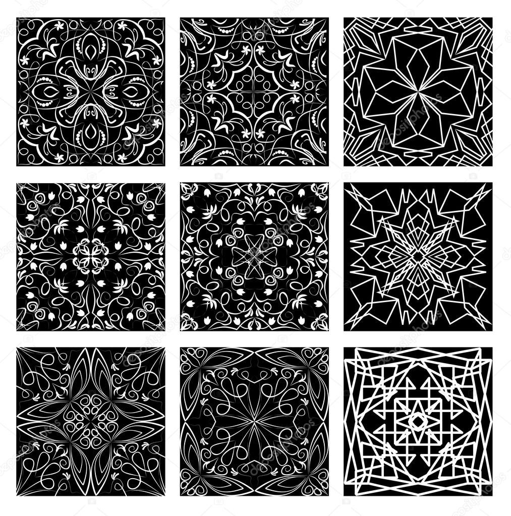 Set of monochromatic vintage filigree lace patterns white line on black background art nouveau