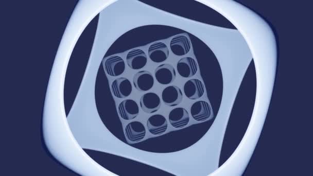 Filme abstrato metálico composto de cubo arredondado com formas de furos girando sobre fundo azul escuro. Renderização de liquidificador 3d — Vídeo de Stock