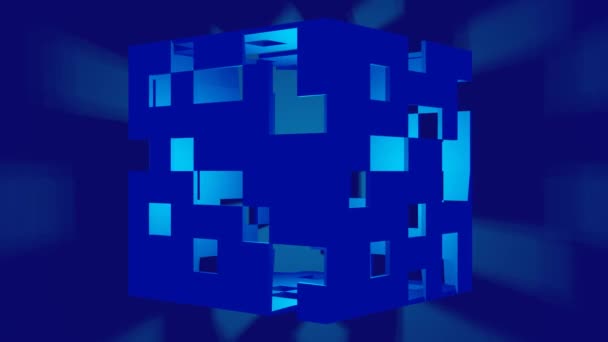 Donkerblauwe kubus met willekeurig gesneden vierkante vergezichten, in het object werpt helder licht schaduwen in de omringende ruimte. Mysterieuze 3D sci-fi techno video — Stockvideo