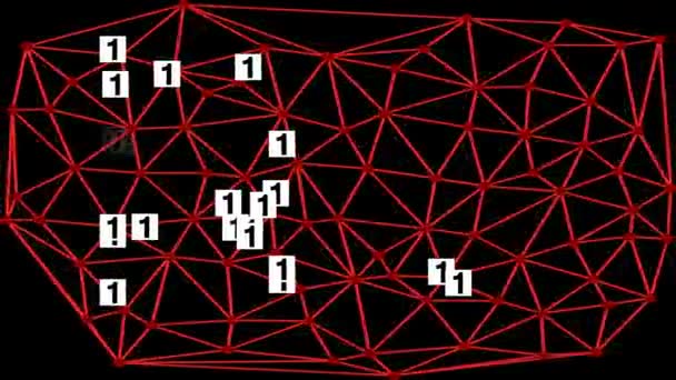 İkili kod, siyah zemin üzerinde hareket eden kırmızı Voronoi ağı, bir veya sıfır sembollü beyaz kartlar ağda rastgele oluşturulur. Bilim kurgu fantezi geçmişi. — Stok video