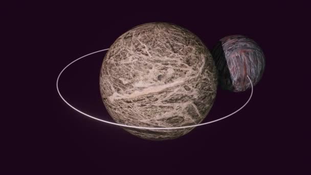Dvě fantasy planety, malá planeta na oběžné dráze, velká planeta rotující, vesmírná animace na černém pozadí. — Stock video