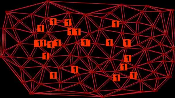 Двоичный код на чёрном фоне, красные карточки с символом 1 или 0 случайно появляются в красной вороной сети. Фантастический фон. — стоковое видео