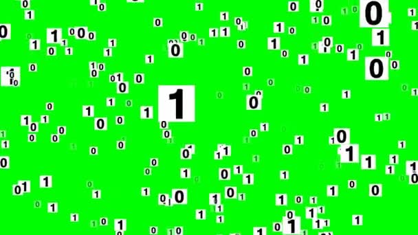 Двоичный код с нулем и одним номером на белых картах, летящих назад. Научно-фантастический фон, анимация на зеленом коврике. — стоковое видео