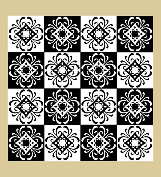 Padrão vintage preto e branco, motivos geométricos finos, design xadrez, cores invertidas, ornamento telha — Vetor de Stock