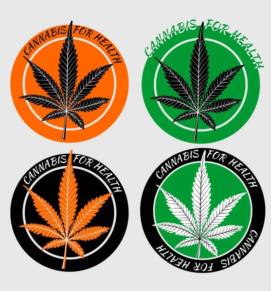 Uppsättning med fyra cannabisklistermärken för hälsa. Cirkulära klistermärken i orange och grön design med siluett av blad av hampa avsedda för produkter som innehåller medicinskt verksamma ämnen av hampa, cannabissalva — Stock vektor