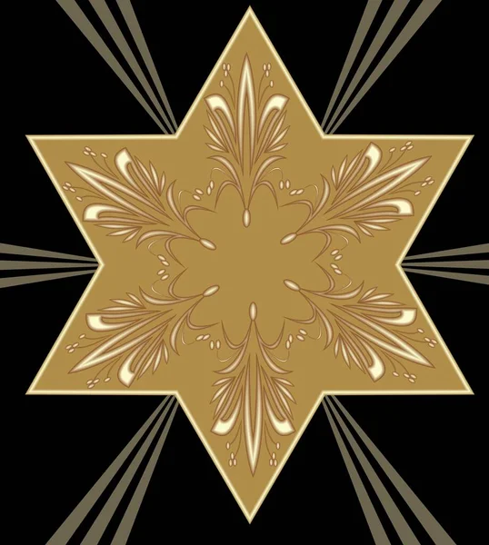 Gold Star of David with embossed ancient ornament on a black background with gold rays. The main religious symbol of Judaism. — Stock Vector