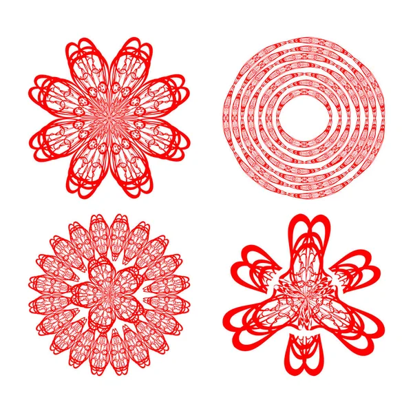 Set mit vier dekorativen Doodle-Mustern in roter Farbe, kreisförmige Vintage-Ornament. Textile Zierelemente, Verpackungspapierdruck, Farbe lässt sich leicht ändern. — Stockvektor