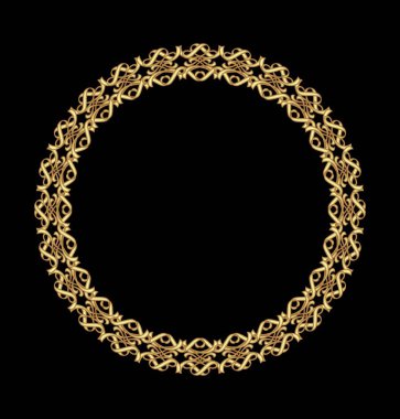 Antika altın çerçeve, siyah arka planda dairesel çerçeve. Üç boyutlu efektli ince pirinç sanat deco çerçeve.