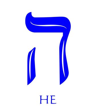 İbrani alfabesi - harf he, gematria rüzgar sembolü, sayısal değer 5, mavi yazı tipi beyaz dalgalı çizgi ile süslenmiş, İsrail 'in ulusal renkleri